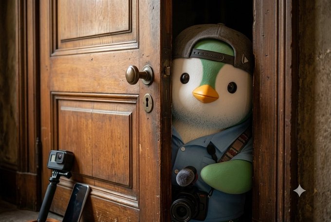 An anthropomorphic duck character wearing a cap and blue shirt, holding a camera and microphone, peers through a partially open wooden door.