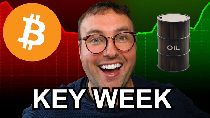 A YouTube thumbnail featuring a smiling man with glasses, flanked by a Bitcoin logo on the left and an oil barrel with a rising green chart on the right, with 'KEY WEEK' text at the bottom.
