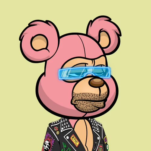 A cartoon illustration of a pink bear character wearing a black studded leather jacket and blue visor sunglasses against a pale yellow background.