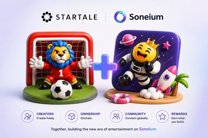 A promotional graphic for 'STARTALE' and 'Soneium' featuring a 3D mascot in a soccer goal and an emoji astronaut, with benefits listed: 'CREATORS Create freely.', 'OWNERSHIP Onchain.', 'COMMUNITY Connect globally.', 'REWARDS Earn what you build.'