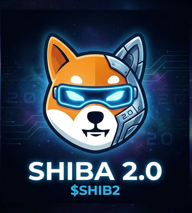 A digital illustration shows a Shiba Inu dog wearing futuristic blue glowing goggles and silver cybernetic headgear with '2.0' markings, above the text 'SHIBA 2.0' and '$SHIB2'.
