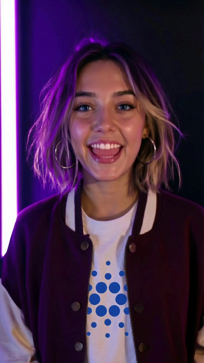 The image features a young woman with short blonde hair wearing a purple jacket and smiling at the camera. The background of the photo has purple lights that create a cool atmosphere. The caption "Meet Hannah. Your no-hype guide to IOG, Cardano, and Midnight." is written below her head, indicating that she might be an influencer or someone who shares their opinions on various topics.