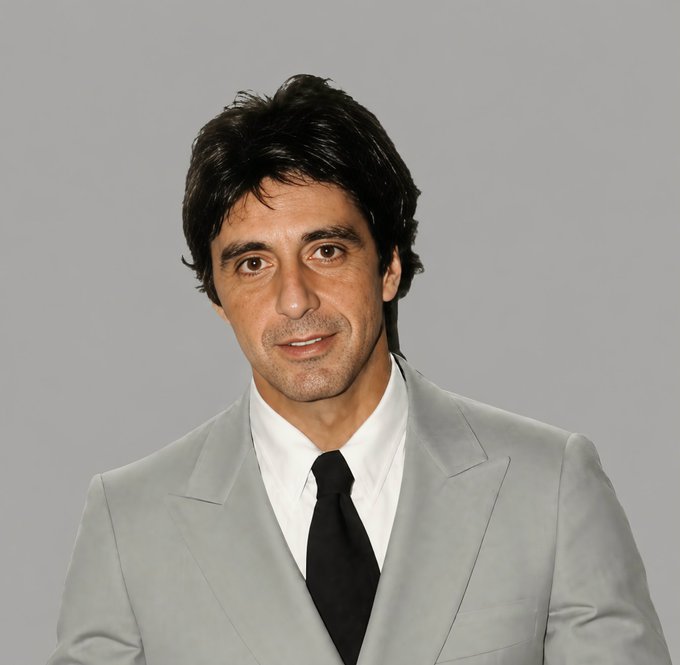 A confident man with dark, tousled hair poses in a light gray suit with a black tie, reminiscent of Al Pacino's iconic 1980s style. The classic, sharp look fits well with the post's "good morning" vibe, bringing a touch of timeless charm to greet fellow crypto "frens."