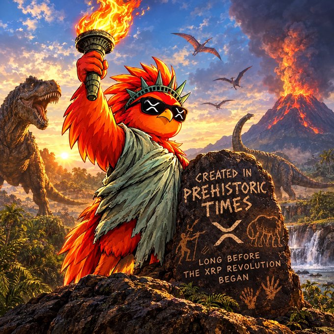 A colorful crypto/NFT promotional illustration of a red parrot-like character in sunglasses holding a torch next to a tablet reading "CREATED IN PREHISTORIC TIMES - LONG BEFORE THE XRP REVOLUTION BEGAN" with dinosaurs in the background.