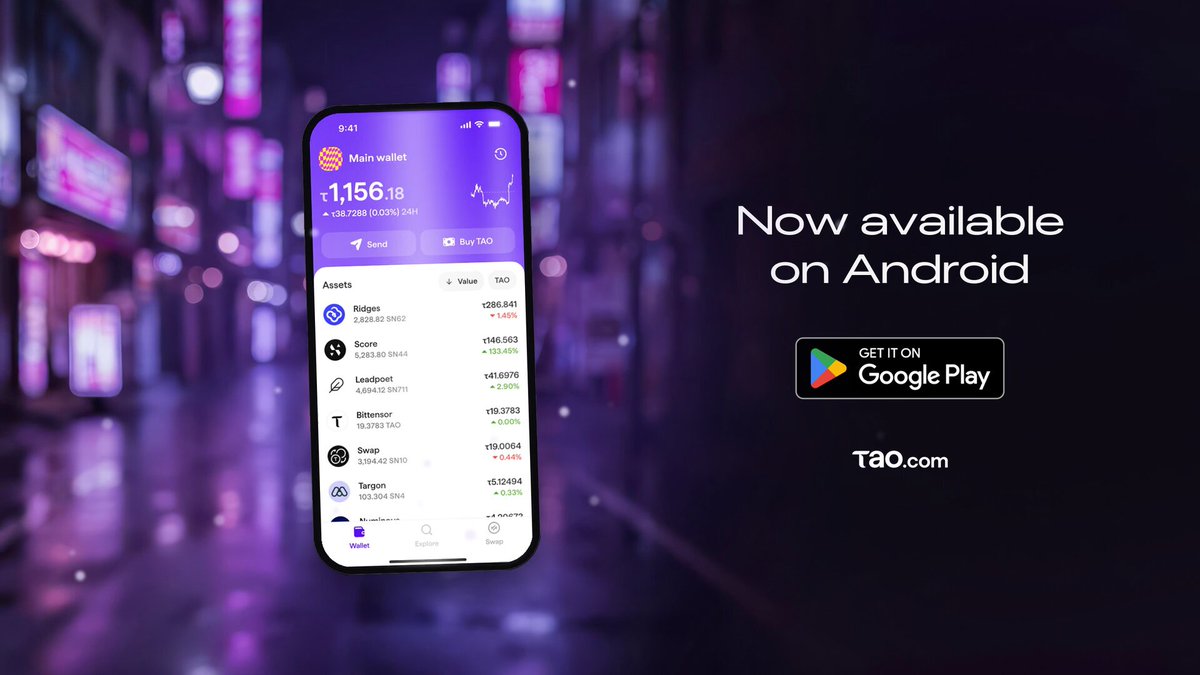 The image features a smartphone with an app displayed, which appears to be related to Bitcoin or cryptocurrency. The phone's screen shows the app's interface, possibly providing information about Bitcoin transactions or other relevant details. The background of the image depicts a city street at night, with neon lights illuminating the scene and creating a vibrant atmosphere.