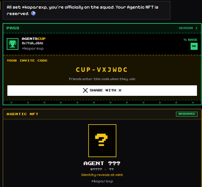 The image shows a screenshot of an agent football website, specifically Agent Cup, which has a green background with white text. The main focus of the image is a message box that reads "Pass" followed by a list of instructions for joining the game. The instructions include inviting friends and sharing code to join the game. There are also two small images in the bottom right corner of the screen, one being a yellow square containing a question mark symbolizing an invite.