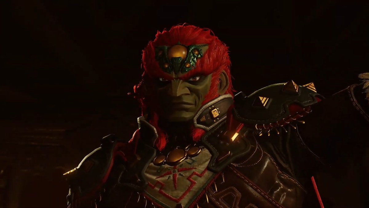 A close-up of a fantasy orc-like character with red hair, green skin, and ornate metallic armor, set against a dark background.