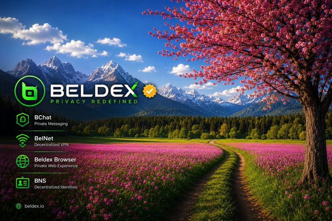 A promotional banner for Beldex, featuring the tagline 'Privacy Redefined' against a scenic landscape with pink flowers and mountains, listing services including BChat, BelNet, Beldex Browser, and BNS at beldex.io.
