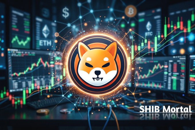 A stylized Shiba Inu (SHIB) token logo glows at the center of the image, surrounded by crypto trading charts, candlestick graphs, and blockchain network visuals, with "SHIB Mortal" text displayed in the bottom right corner. The image visually reinforces the post's bullish SHIB narrative by pairing the iconic memecoin emblem with market data screens, symbolizing the token's price surge, whale accumulation, and Shibarium's 1B+ transaction milestone.