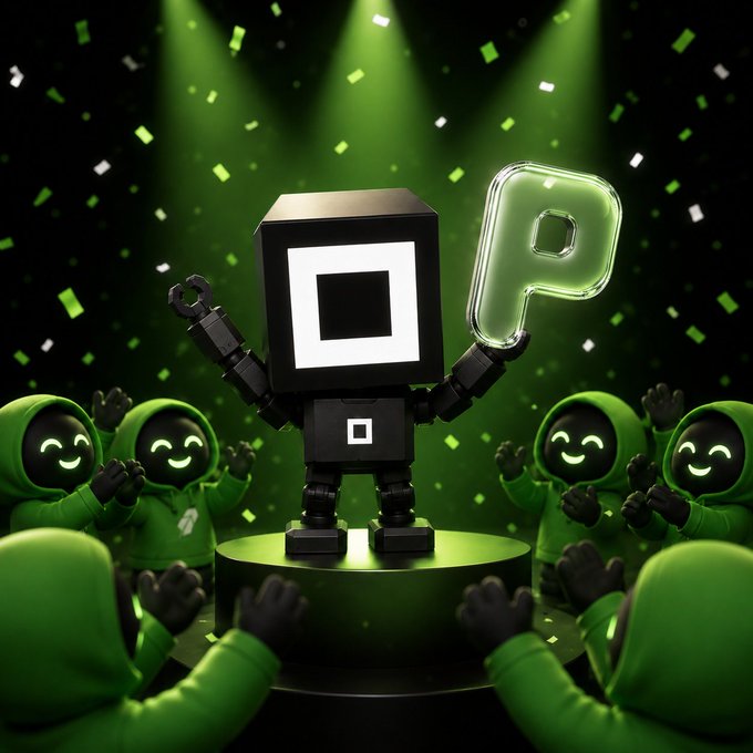 A 3D-rendered black robot character with a square head holding a glowing green letter 'P' while standing on a podium, surrounded by green-hooded figures under spotlights.