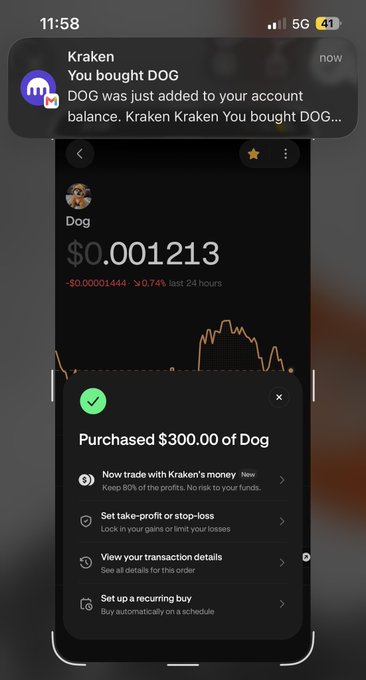A smartphone screenshot showing a Kraken crypto exchange notification confirming the purchase of $300.00 of the meme coin 'DOG', with the current price displayed at $0.001213.