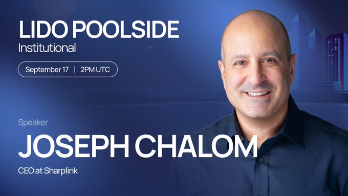 A promotional banner with a blue background features a smiling bald man, announcing a speaker event for 'JOSEPH CHALOM, CEO at Sharplink' for 'LIDO POOLSIDE Institutional' on 'September 17 | 2PM UTC'.