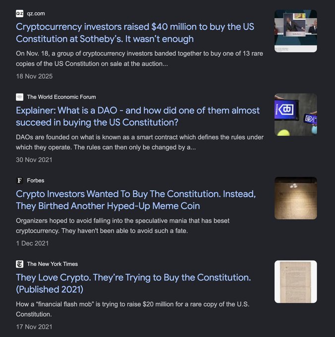 A Google search results page for news articles about cryptocurrency investors attempting to buy the US Constitution at Sotheby's and ConstitutionDAO, with headlines from Forbes, NYT, and the World Economic Forum.