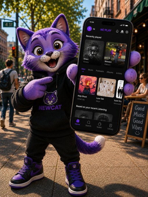 A purple anthropomorphic cat character wearing a black 'NEWCAT' hoodie and matching purple sneakers holds up a smartphone displaying a music streaming app with playlists like 'Holy Ghost' and 'Love Talk' on a city street.