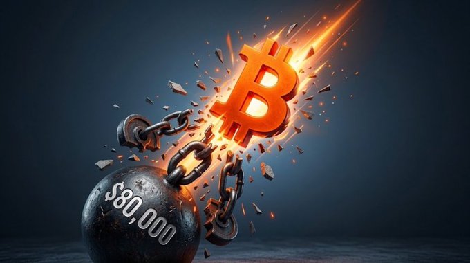 A digital illustration depicting a glowing orange Bitcoin symbol shattering chains attached to a dark wrecking ball labeled '$80,000', symbolizing a Bitcoin price breakout.