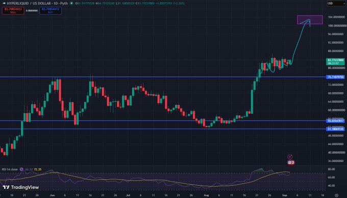 A TradingView chart for HYPE/USD displays a daily candlestick breakout above the $80 resistance level, with a projected arrow pointing toward the $100 mark, accompanied by an RSI indicator showing bullish momentum.