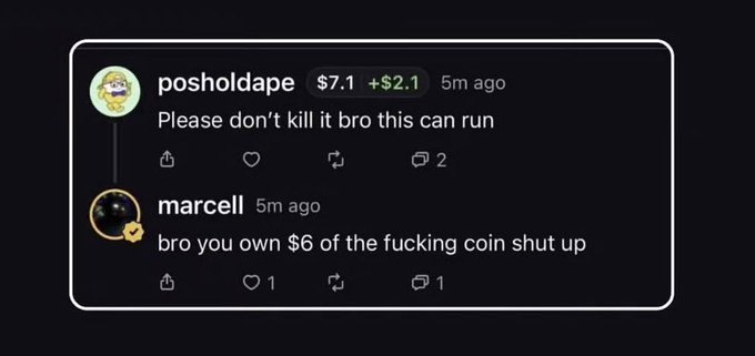 A comment section screenshot showing a user 'posholdape' asking 'Please don't kill it bro this can run' and user 'marcell' replying 'bro you own $6 of the fucking coin shut up'.