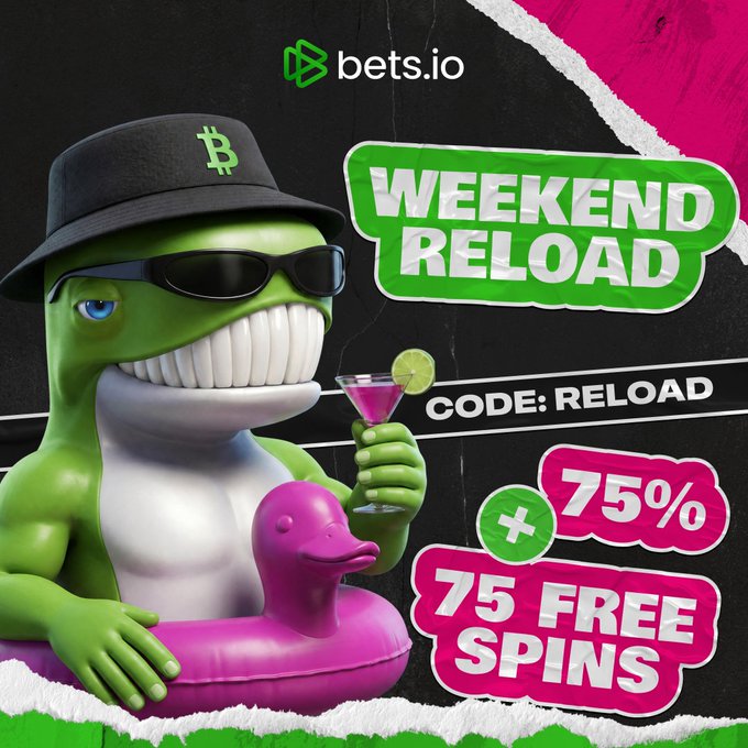 In the image, there's a promotional poster for weekend rewards. It features a cartoon dinosaur holding a drink with an umbrella above him while sitting on his belly surrounded by green, pink, and white colors. The text on the poster promotes a weekend reward program that offers 75% free spins in addition to a 75% off offer. 

The caption at the bottom of the image reads "WEEKEND RELOAD BONUS Saturday is a good moment to refill the tank Your weekend setup: Deposit 50 USDT+ code:RELOAD +75% Bonus up to 10,000 ... get bonus: cutt.ly/Pt2gSnuI".
