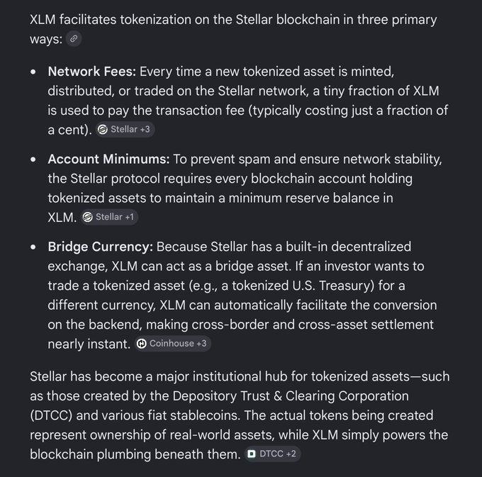 The image shows a black background with white text that explains how XLM works, specifically focusing on tokenization of assets. The text provides information about network fees, account minimums, transfer fees, and the use of Stellar protocols for tokenized assets.