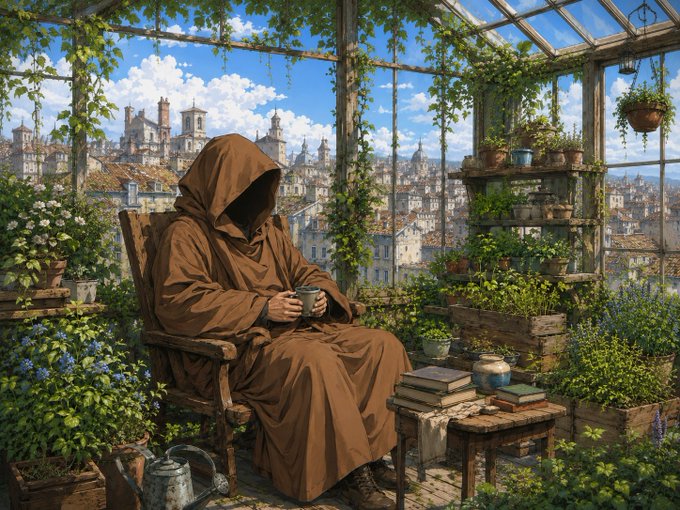 A hooded figure in a brown robe sits in a wooden chair within a lush greenhouse filled with potted plants, holding a cup and gazing out at a distant cityscape.