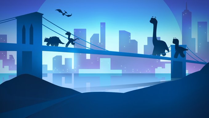 A stylized blue silhouette illustration shows dinosaurs, including a triceratops and a long-necked dinosaur, walking across a suspension bridge toward a city skyline at night, with a flying pterosaur above and what appears to be other characters along the bridge. The whimsical scene evokes a playful, prehistoric-meets-urban adventure that fits the fun, community-driven spirit of the NFT.NYC x Claynosaurz giveaway celebration.

No text, numbers, tickers, or brand names are visible in the image itself.