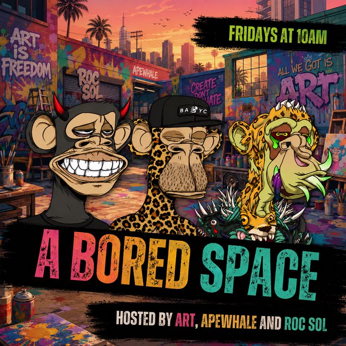 A colorful, graffiti-styled promotional graphic for 'A BORED SPACE' airing 'FRIDAYS AT 10AM', hosted by ART, APEWHALE AND ROC SOL, featuring three cartoon ape characters.