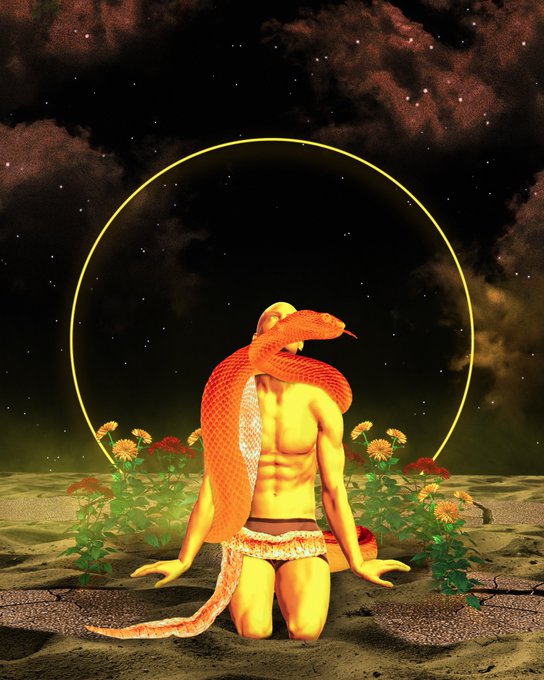 A surreal digital artwork showing a muscular yellow figure draped with an orange cobra, kneeling in a meditative pose against a starry night sky with a glowing yellow circular halo, surrounded by red flowers.