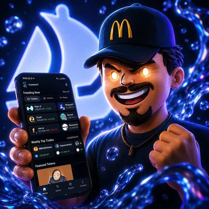 The image features a cartoon character holding up a smartphone displaying an app called "@opensea mobile". The character appears to be a man with a beard, wearing a hat that says "Mcdonald's" on it. He is smiling and seems to be excited about using the app. The post mentions that the app allows users to connect multiple wallets, make swaps, buy NTFS easily and quickly, and much more. It also highlights the app's clean design and ease of use.