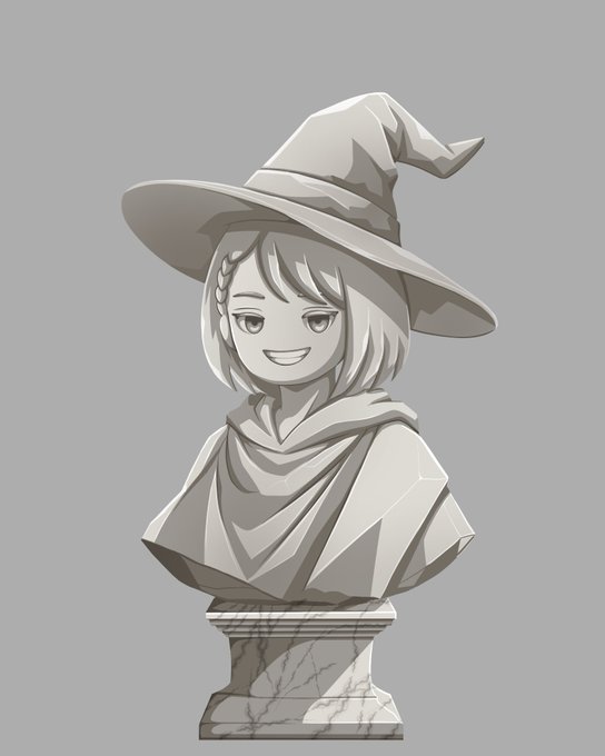 A 3D-rendered grayscale bust depicts a smiling anime-style witch with a pointed hat and braided hair, mounted on a marble pedestal.