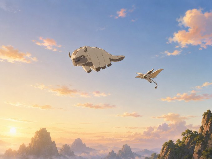 A fantasy anime-style illustration showing a flying white fluffy creature with horns and a small winged humanoid character soaring through a sunset sky above misty mountain peaks.