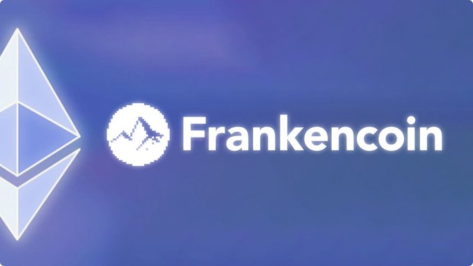 The image features a blue background with white text that reads "frankencoin". Below this, there's an illustration of a mountain range rendered in shades of gray and white. The text "hey @vibhu i'll need you to kingmake a swiss franc on solana" is written below the mountain range image. This message seems to be related to the cryptocurrency market or Bitcoin, as it suggests that someone might be asking for help with trading Bitcoins using the platform FRANKENCOIN.