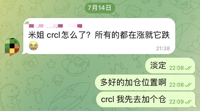 A WeChat conversation dated July 14 at 21:38 shows a contact asking "米姐 crcl怎么了？所有的都在涨就它跌" (Sis Mi, what's wrong with CRCL? Everything else is up but it's down) with a worried emoji. The reply at 22:08-22:09 reads "淡定 / 多好的加仓位置啊 / crcl 我先去加个仓" (Stay calm / What a great position to add to / CRCL, I'll go add to my position first), reinforcing the post's message about confidently buying the CRCL dip.