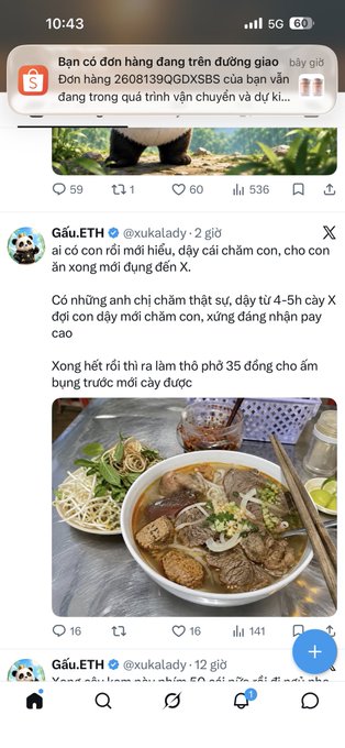 Mobile screenshot of a Vietnamese social media feed showing a post by 'Gấu.ETH' (@xukalady) with a photo of a bowl of beef noodle soup.