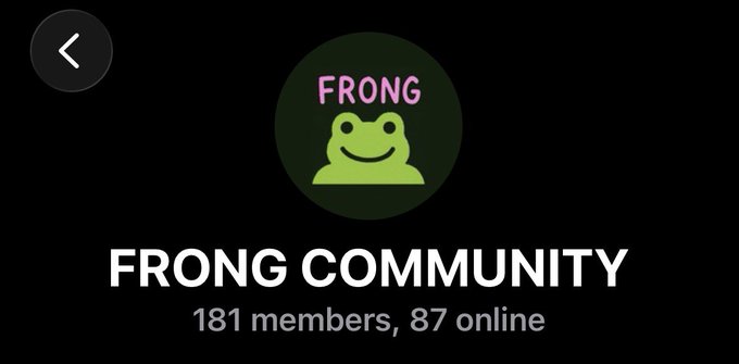 A dark interface screen displays the 'FRONG COMMUNITY' with a green frog mascot logo, indicating '181 members, 87 online'.