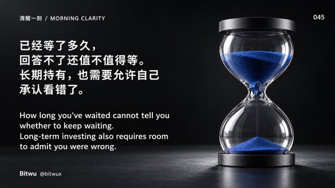 A motivational graphic with an hourglass and the text "清醒一刻 / MORNING CLARITY," featuring a quote about long-term investing by Bitwu.