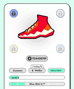 A digital collectible card from a sneaker-themed app showing a red high-top sneaker labeled 'Common', '1-6 km/h Walker', at Level 5 with Shoe Mint 2/7, serial number 924408749.