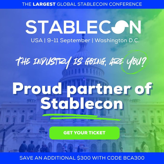 Promotional graphic for Stablecon, billed as 'THE LARGEST GLOBAL STABLECOIN CONFERENCE,' scheduled for 9-11 September in Washington D.C., featuring a 'GET YOUR TICKET' button and discount code 'BCA300.'