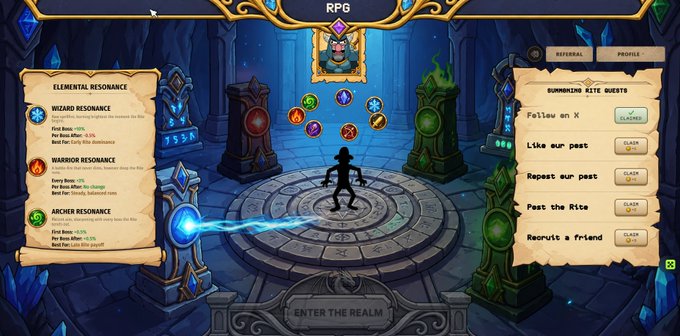 A screenshot from an RPG video game showing an 'Elemental Resonance' menu with Wizard, Warrior, and Archer options, alongside a 'Summoning Rite Quests' checklist.