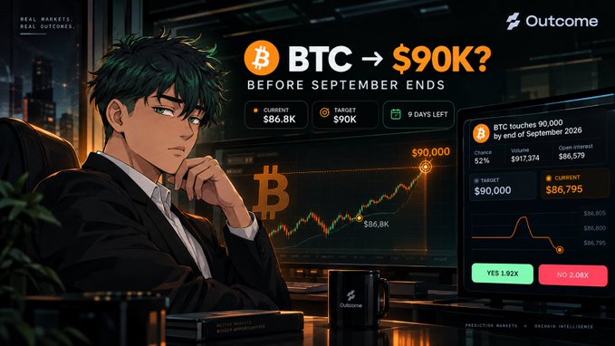 An anime-styled trader contemplates a prediction market on Outcome showing "BTC → $90K? Before September Ends" with current price at $86.8K, target $90K, and 9 days left. The YES option trades at 1.92X, suggesting the market leans bullish on Bitcoin reaching $90,000 by September's end.