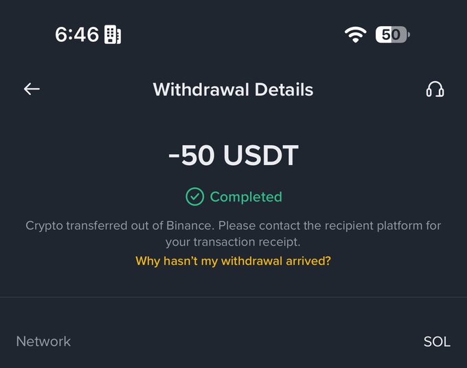 A screenshot of a Binance "Withdrawal Details" page showing a completed **-50 USDT** transaction on the **SOL** network, with a note that the crypto has been transferred out of Binance. The image serves as visual proof of sending a $50 USDT prize on the Solana network to winner @Amitmvg3, matching the contest payout mentioned in the post.
