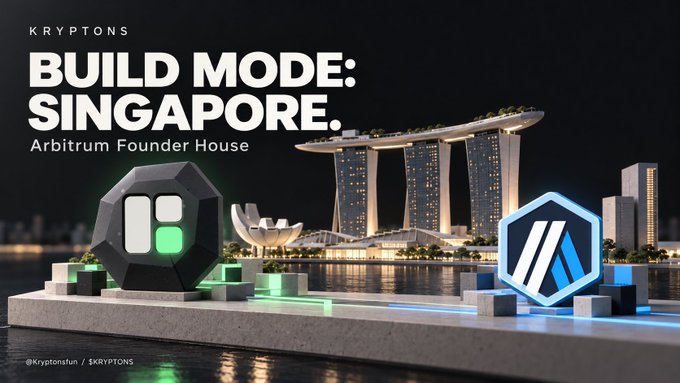 A promotional graphic reads “KRYPTONS” and “BUILD MODE: SINGAPORE.” with “Arbitrum Founder House” beneath, showing Marina Bay Sands and crypto/blockchain-themed logos.