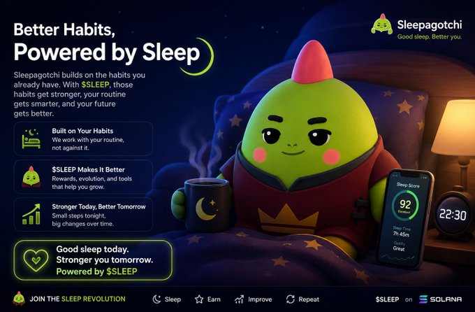 An advertisement for Sleepagotchi, a sleep-tracking app on Solana, featuring a green character holding a steaming mug next to a phone displaying a sleep score of 92.