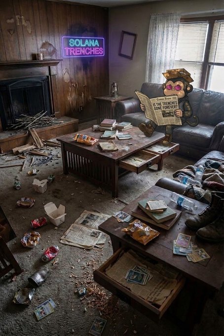 A messy room scene features a cartoon monkey character reading a newspaper with 'SOLANA TRENCHES' in neon text on the wall and headlines about trenches being gone forever.