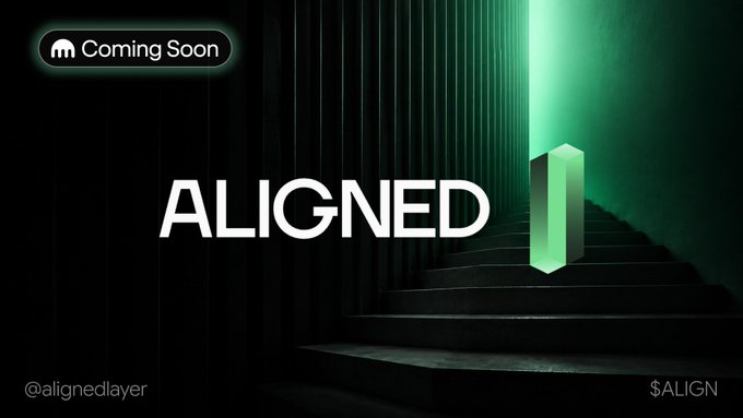 A promotional "Coming Soon" announcement for $ALIGN (@alignedlayer), featuring bold white text with a glowing green monolith on a dark staircase, teasing the platform's launch on Kraken as a one-stop Ethereum integration for financial products including wallets, rollups, interoperability, and ZK services.