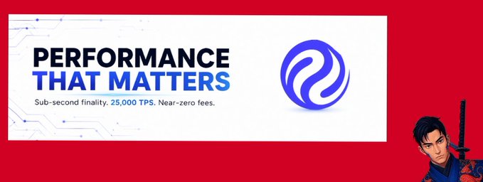 A banner reads 'PERFORMANCE THAT MATTERS' with 'Sub-second finality, 25,000 TPS, Near-zero fees' next to a blue swirl logo, with an animated character on the right.