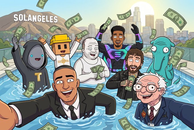 The image shows a cartoon illustration labeled "SOLANGELES" featuring various meme characters and influencers—including Wojak figures, the Tom Sachs Nut Sack, and others—celebrating in a Los Angeles-themed pool with money raining down, with the downtown LA skyline and Hollywood sign in the background. The caption perfectly complements the airdrop announcement by visually representing the rewards being given to the community, depicting enthusiastic recipients reveling in the giveaway of crypto tokens.