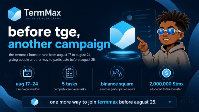 A promotional graphic for 'TermMax' campaign 'before tge, another campaign' running from August 17 to 24, featuring a cartoon character and details about 2,000,000 $TMX allocated.