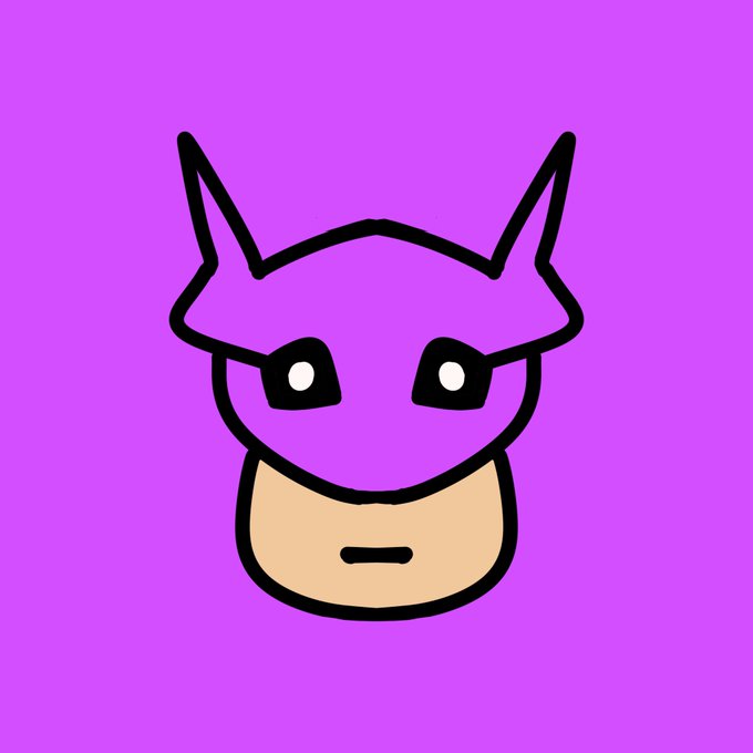 A simple cartoon illustration of a character with a purple horned helmet/mask and a neutral expression on a purple background.