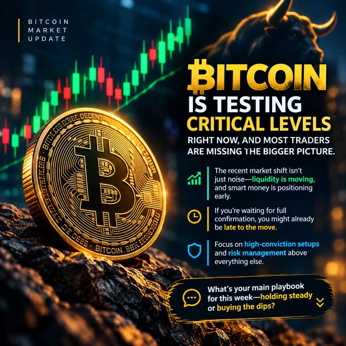 A Bitcoin market update graphic featuring a golden Bitcoin coin on rocks with a bull silhouette and candlestick charts in the background, with text 'BITCOIN IS TESTING CRITICAL LEVELS' and advice about liquidity and risk management.