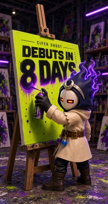 A stylized figurine of a character with purple hair spray-paints a yellow canvas reading 'CIFER GHOST DEBUTS IN 8 DAYS' in a vibrant, graffiti-filled studio.